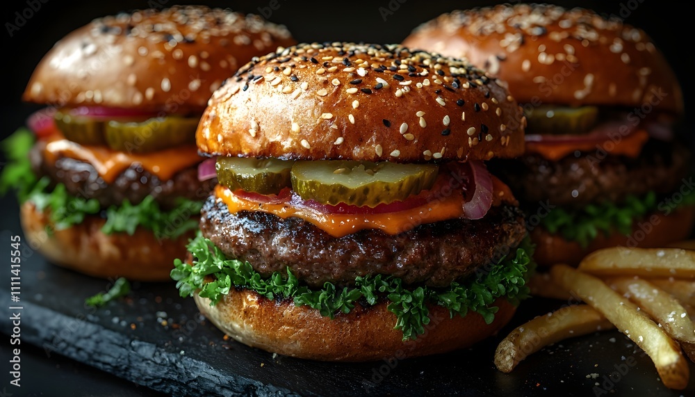 Three juicy grilled beef burgers stacked high, featuring perfectly seared patties with a mouthwatering smoky char. Served on toasted sesame seed buns, frech frieds. Three juicy grilled beef burgers stacked high, featuring perfectly seared patties with a mouthwatering smoky char. Served on toasted sesame seed buns, frech frieds.