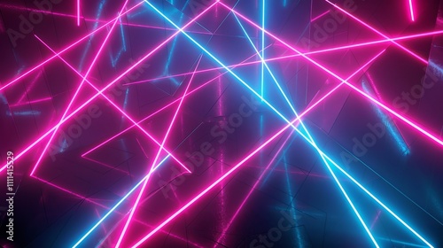 Pink and blue neon lights intersecting and creating a vibrant, futuristic design on a dark background