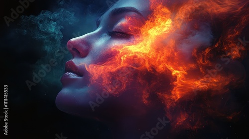 Woman engulfed in flames, abstract portrait