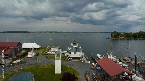 APRIL 27, 2023, SAINT MICHAELS, EASTERN SHORE MARYLAND - USA - aerial view of small Chesepeake Bay fishing town, St. Michaels with Hooper Strait Lighthouse