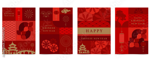 Happy Chinese New Year on red background with snake,lantern.Translate: Happy new year