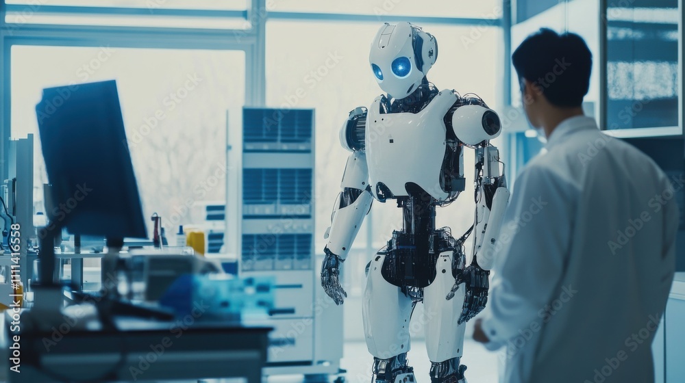 An innovative robotics laboratory with engineers testing humanoid robots, Robotics laboratory scene, Cutting-edge and innovative style An innovative robotics laboratory with engineers testing humanoid robots, Robotics laboratory scene, Cutting-edge and innovative style