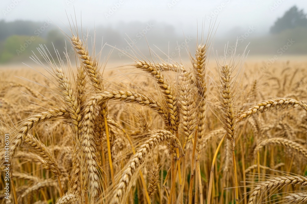 Fototapeta premium Golden Wheat Field Under Misty Sky, Capturing Nature’s Harvest with Dewy Stalks Illuminated in Soft Morning Light, Invoking Peace and Rural Beauty