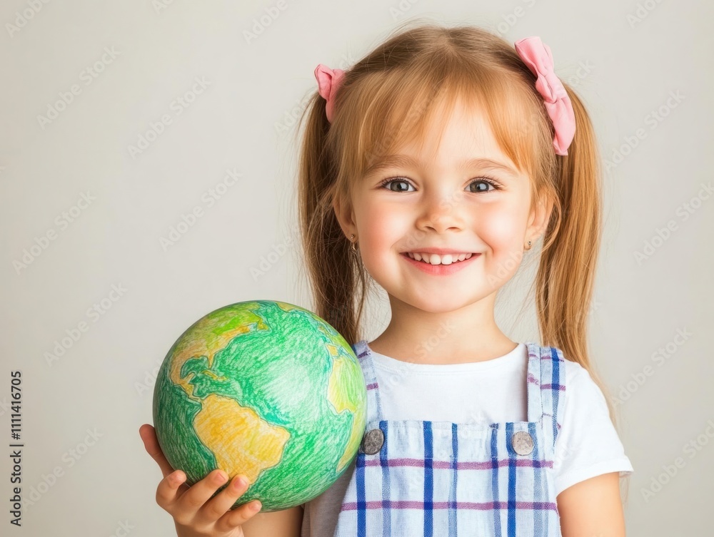 Cheerful young girl with pigtails holding a hand-drawn globe, symbolizing childhood curiosity, environmental awareness, and love for the Earth, representing the future generation's responsibility. Cheerful young girl with pigtails holding a hand-drawn globe, symbolizing childhood curiosity, environmental awareness, and love for the Earth, representing the future generation's responsibility.