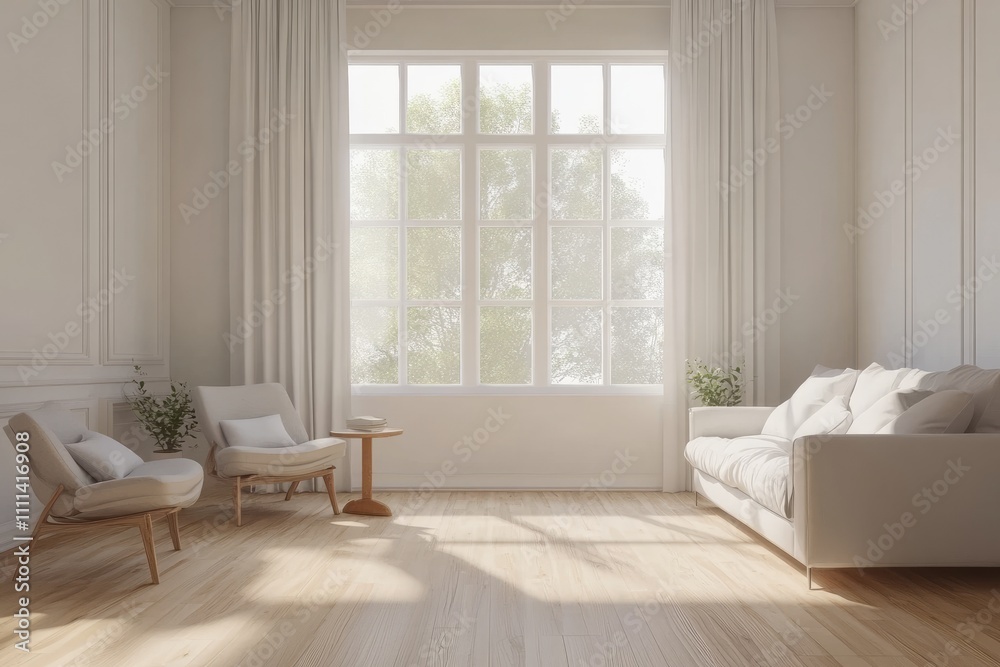 White Living Room Interior with Sofa, Armchairs, and Coffee Table on Wooden Floor, 3D Rendering Mockup for Apartment or Hotel Design White Living Room Interior with Sofa, Armchairs, and Coffee Table on Wooden Floor, 3D Rendering Mockup for Apartment or Hotel Design