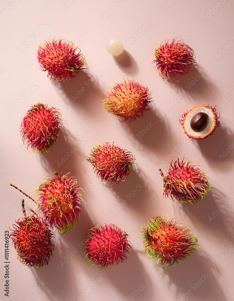 Close up pieces of Rambutan fruit arranged in an Abstract Fruit Pattern composition on a plain background Close up pieces of Rambutan fruit arranged in an Abstract Fruit Pattern composition on a plain background