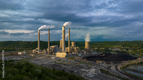MAY 8, 2023 - POCA, WEST VIRGINA - USA - aerial view of Jon Amos Power plant shows smoke stacks and cooling - Coal