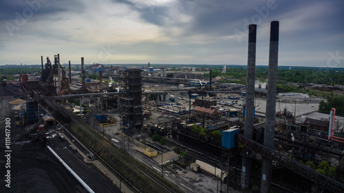 MAY 10, 2023 - GRANITE CITY, ILLINOIS, USA - aerial view of US Steel factory with smokestacks, Granite City, Illinois photo