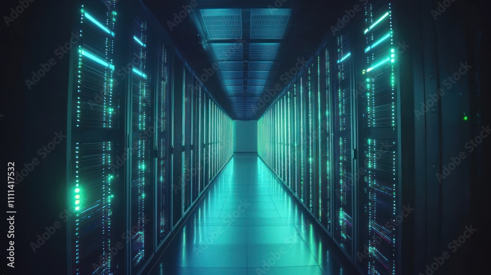 Futuristic Data Center Corridor with Server Racks and Glowing Lights Futuristic Data Center Corridor with Server Racks and Glowing Lights