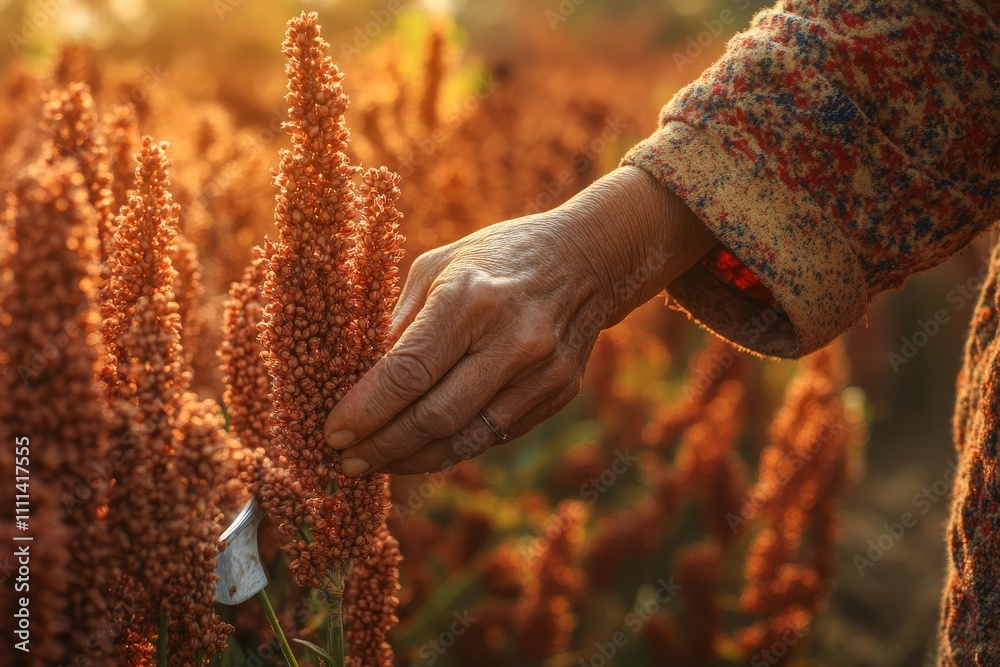 Hand of a farmer gently touching mature sorghum flowers in a golden field during sunset, showcasing nature's beauty and agricultural practices.