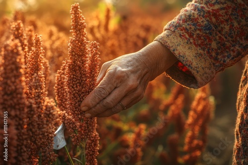 Obraz na płótnie Hand of a farmer gently touching mature sorghum flowers in a golden field during sunset, showcasing nature's beauty and agricultural practices. w salonie