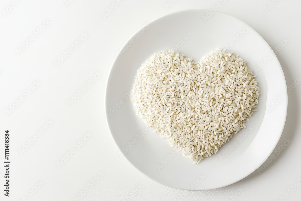 Heart-Shaped Arrangement of Uncooked Rice on a White Plate, Symbolizing Love and Nourishment for Food Themes and Culinary Creativity Heart-Shaped Arrangement of Uncooked Rice on a White Plate, Symbolizing Love and Nourishment for Food Themes and Culinary Creativity