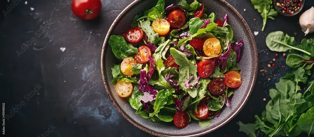 Fresh salad with cherry tomatoes, arugula, spinach and red cabbage in a bowl. Fresh salad with cherry tomatoes, arugula, spinach and red cabbage in a bowl.