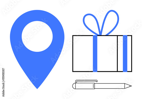Blue location pin, gift box wrapped with ribbon, and pen suggesting delivery or logistics themes. Ideal for shipping, e-commerce, gift services, navigation, event planning, business solutions office