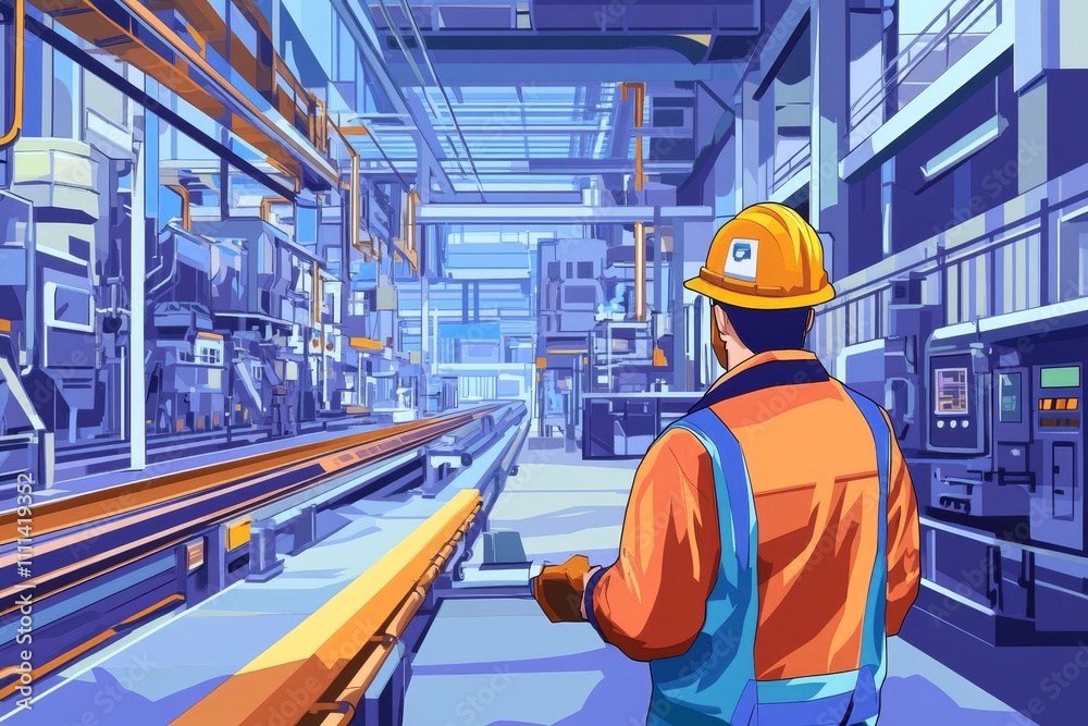 Industrial Worker Monitoring Production Process in Modern Factory Environment with Advanced Machinery and Safety Gear Industrial Worker Monitoring Production Process in Modern Factory Environment with Advanced Machinery and Safety Gear