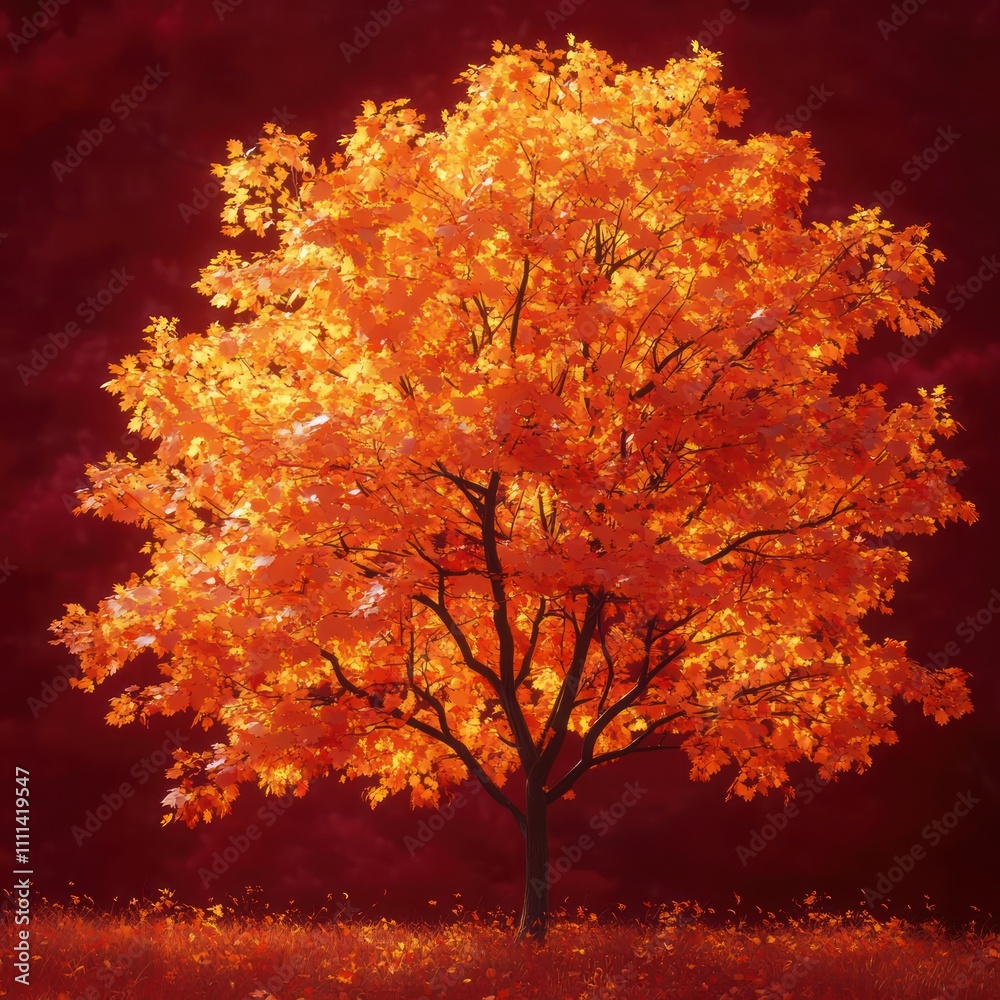 Tree with Glowing Autumn Leaves on Burgundy Background Tree with Glowing Autumn Leaves on Burgundy Background