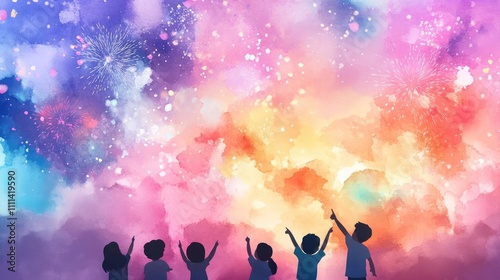 Children pointing at fireworks, colorful bursts filling the sky, playful and festive, Watercolor style