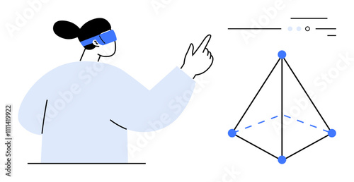 Person wearing VR headset pointing at a digital 3D geometric structure with floating interface elements. Ideal for technology, virtual reality, augmented reality, innovation, education, digital