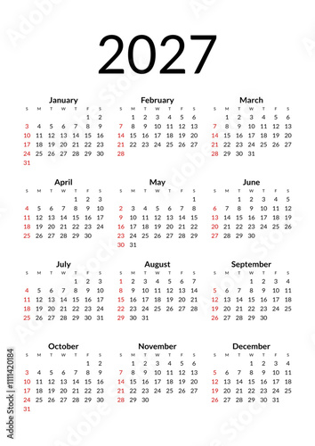 2027 Calendar year vector illustration. The week starts on Sunday. Annual calendar 2027 template. Calendar design in black and white colors, Sunday in red colors. Vector, made with Inkscape photo