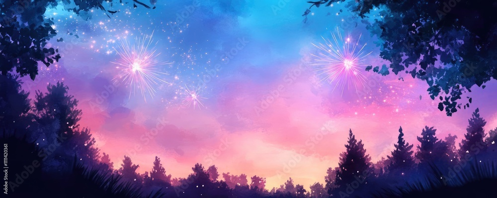 Fototapeta premium Fireworks over a tranquil forest clearing, glowing bursts and peaceful ambiance, Watercolor style