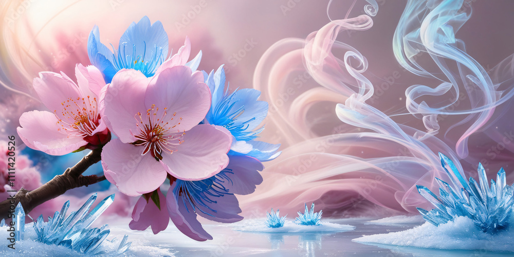 Fototapeta premium cherry blossom flower consists of colorful fog ice background, created by generative AI
