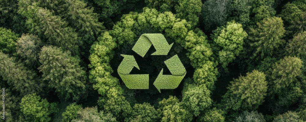 Φωτογραφία Aerial view of a green forest with a prominent recycling symbol made from leaves, highlighting themes of sustainability and environmental awareness
