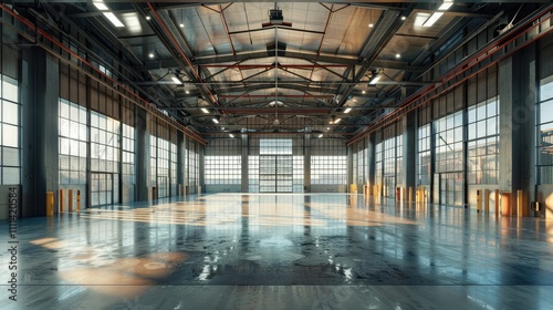Empty industrial garage with high ceilings and metallic walls