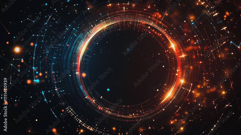 Obraz premium Abstract black background with Colorful circle lines. Digital future technology . Abstract business connection of lines from nodes innovation of communication in the network.