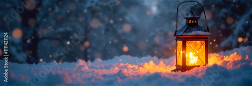 Warm lantern glowing in snowy landscape during holiday season evening