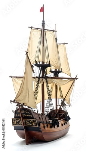 Tablou pe pânză A large, old-fashioned sailing ship with multiple masts and sails