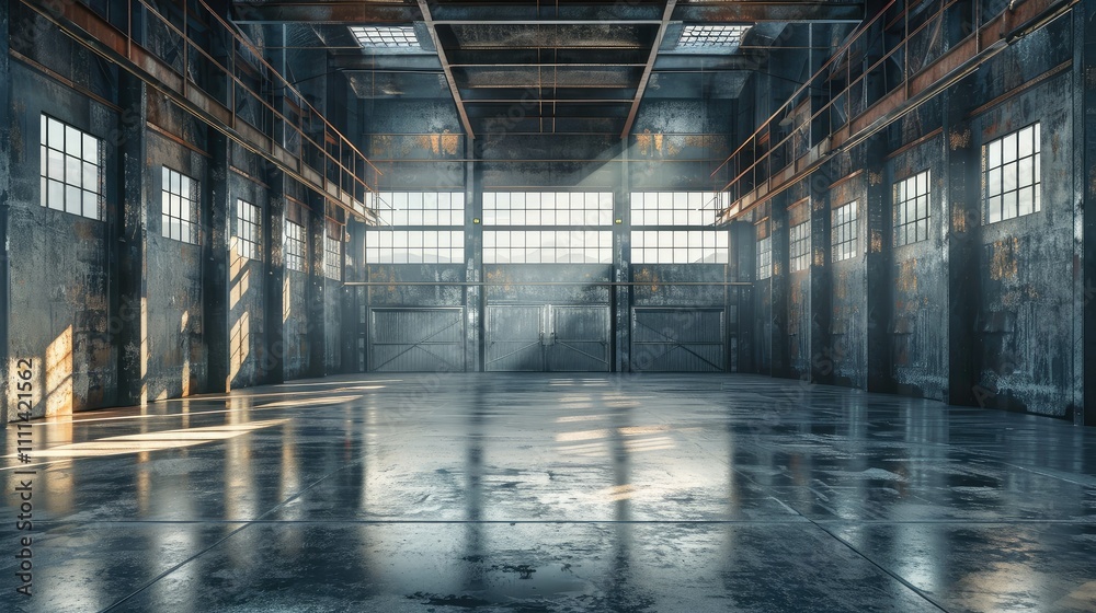 Empty industrial garage with high ceilings and metallic walls Empty industrial garage with high ceilings and metallic walls