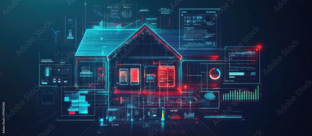 A digital home concept with various data interfaces surrounding it. A digital home concept with various data interfaces surrounding it.