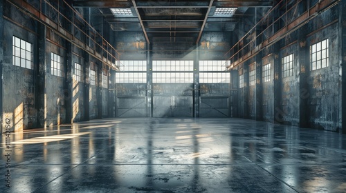 Empty industrial garage with high ceilings and metallic walls