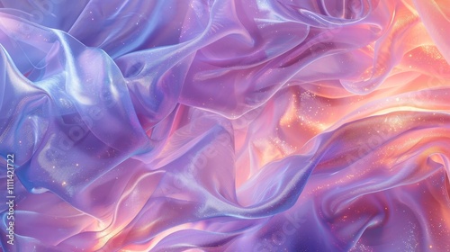 Flowing translucent cloth with iridescent glitter in pastel shades of purple, pink, orange, and blue creates a dreamy backdrop