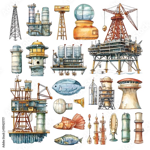 Watercolor illustration of various offshore oil platform structures and marine life. photo