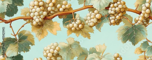 Muted Chardonnay-colored grapevine pattern, vintage-style illustrations with soft, delicate shading