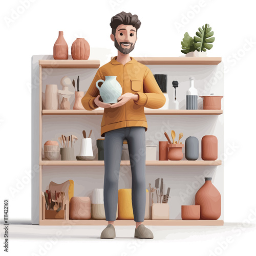 Vector illustration of a cartoon man holding a ceramic jug in his hands.eps