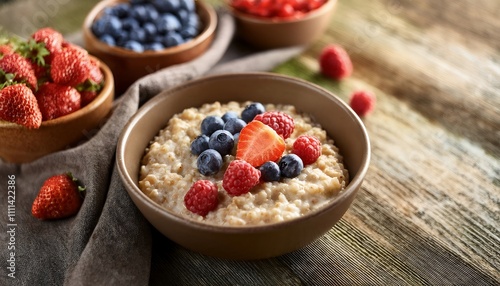 Oatmeal breakfast bowl with fresh berries.