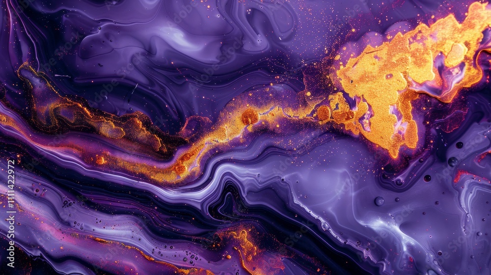 Purple and gold abstract fluid art painting creating swirls, waves and a marble effect with golden glitter Purple and gold abstract fluid art painting creating swirls, waves and a marble effect with golden glitter