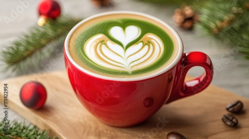 A vibrant red cup holds a beautifully crafted green latte with heart-shaped foam art, surrounded by festive decorations and coffee beans.