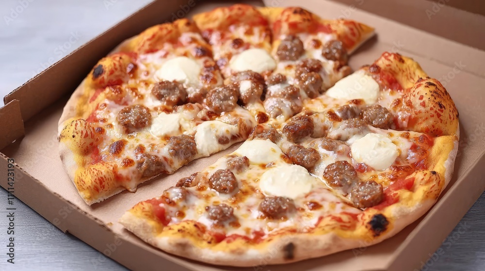 Delicious pizza with sausage and cheese in a takeout box on a light background. Delicious pizza with sausage and cheese in a takeout box on a light background.