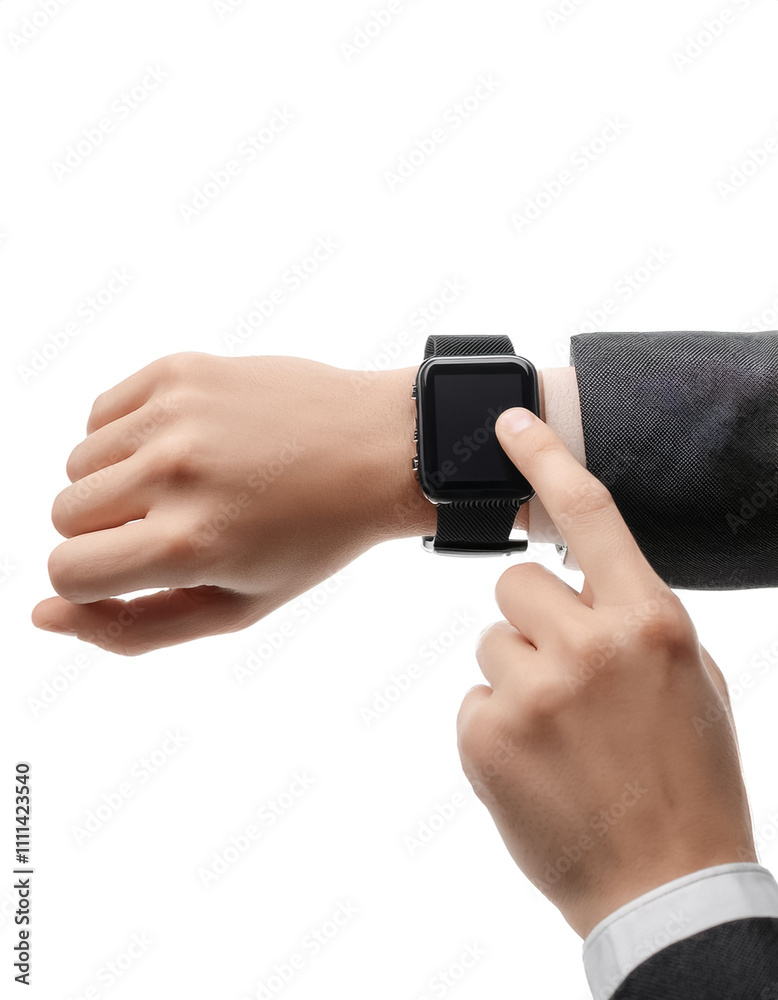 Close up of hand using smartwatch on white Close up of hand using smartwatch on white