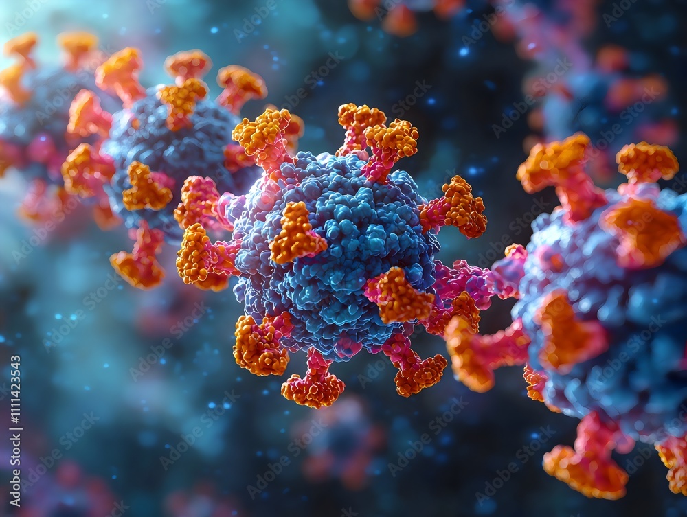 Naklejka premium Microscopic view of antigens or colorful viruses in the immune system.