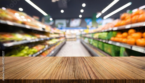 商品展示の木製テーブル。スーパーマーケット背景。ボケ感のある店内背景。Wooden table for product display.Supermarket background.Interior background with bokeh effect. photo