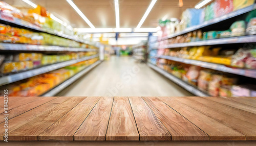 商品展示の木製テーブル。スーパーマーケット背景。ボケ感のある店内背景。Wooden table for product display.Supermarket background.Interior background with bokeh effect. photo