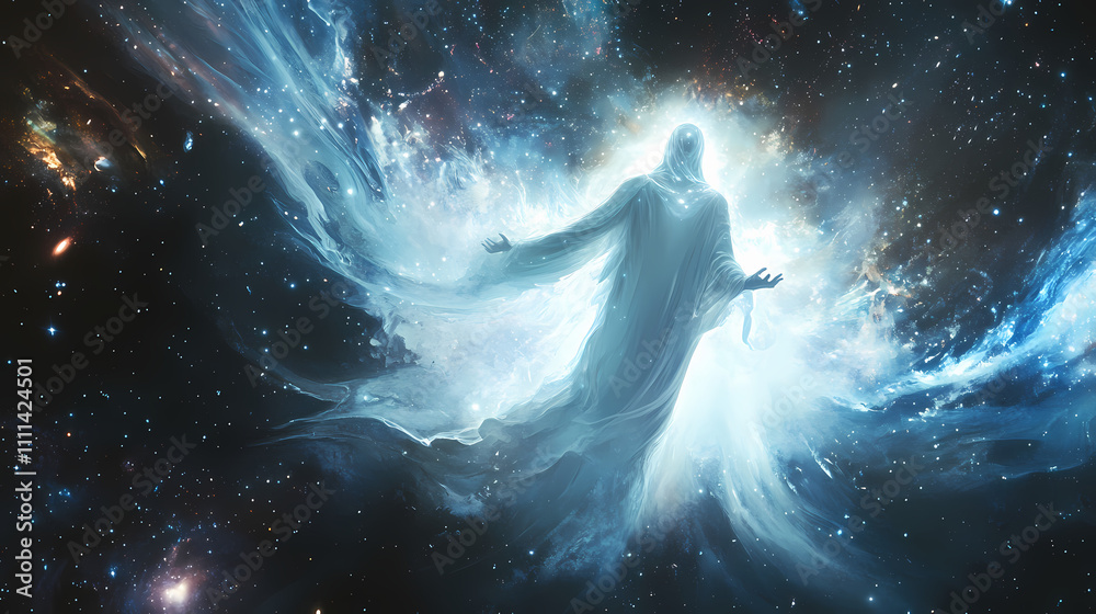 Ethereal being in glowing white robe, levitation amidst cosmic splendor, surrounded by stars and galaxies, capturing the essence of mystical spirituality. Etherealism. Illustration Ethereal being in glowing white robe, levitation amidst cosmic splendor, surrounded by stars and galaxies, capturing the essence of mystical spirituality. Etherealism. Illustration