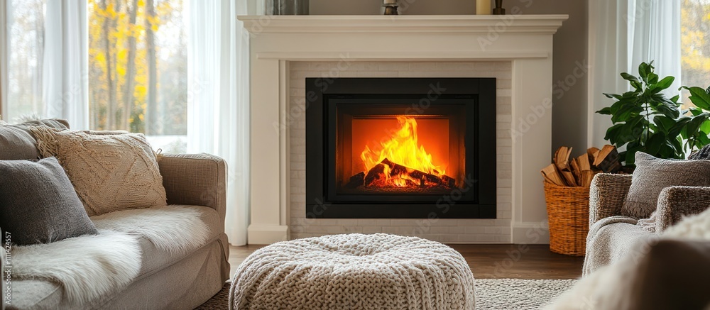 Cozy living room interior with a fireplace, a sofa, and a knitted ottoman in front of a window with autumn leaves. Cozy living room interior with a fireplace, a sofa, and a knitted ottoman in front of a window with autumn leaves.