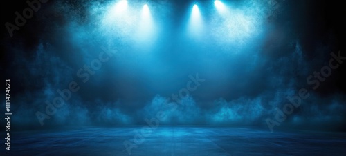 Dramatic Stage Scene with Ethereal Blue Fog and Spotlight Illumination in a Dark Blue Nightclub Setting