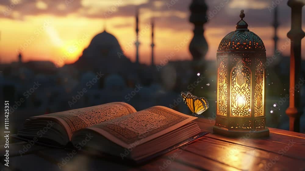 islamic lantern with quran on a blurred mosque in the background for eid al fitr