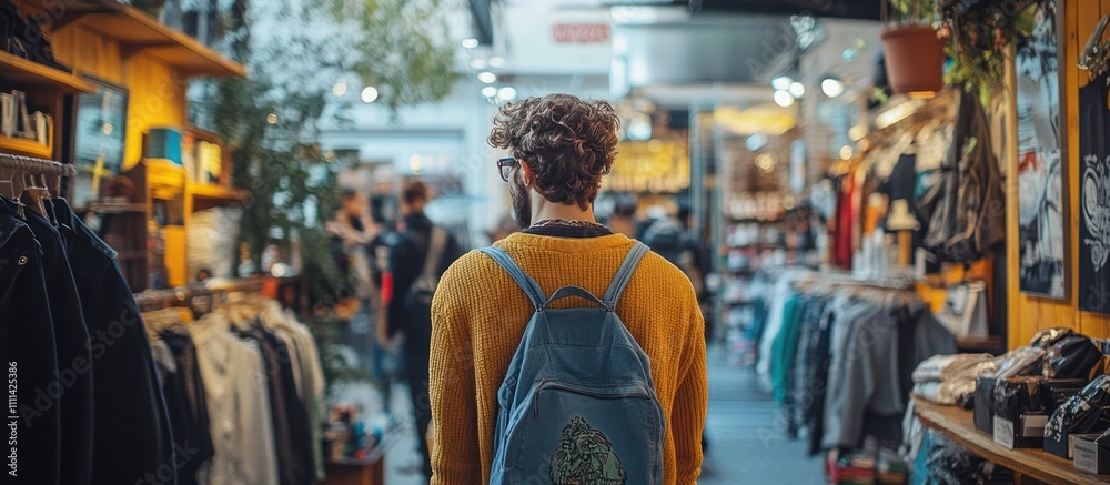 Fototapeta premium A young man with a backpack walks through a crowded indoor market, surrounded by clothing racks and merchandise.